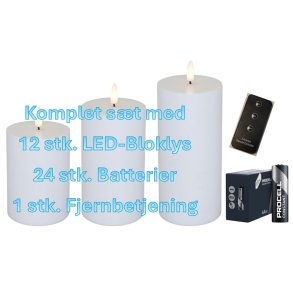 LED-Bloklys med naturtro flakkende flamme (S�t m/12x Lys + 24x Batterier + 1x Fjernbetjening)