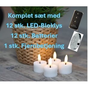 LED-Fyrfadslys med naturtro flakkende flamme (S�t m/12x Lys + 12x Batterier + 1x Fjernbetjening)